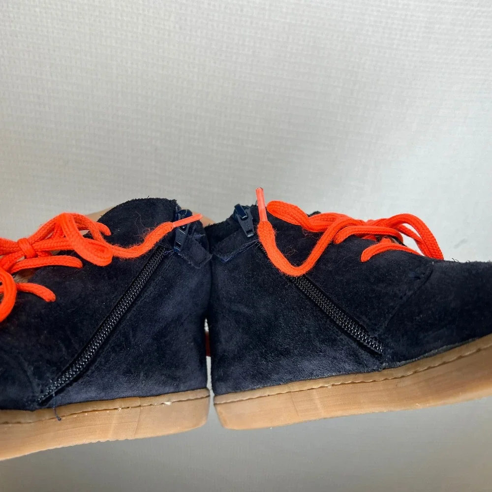 Jacadi Navy Blue Suede Chukka Boots Orange Laces Kids Size 39 Side Zip Mid Top